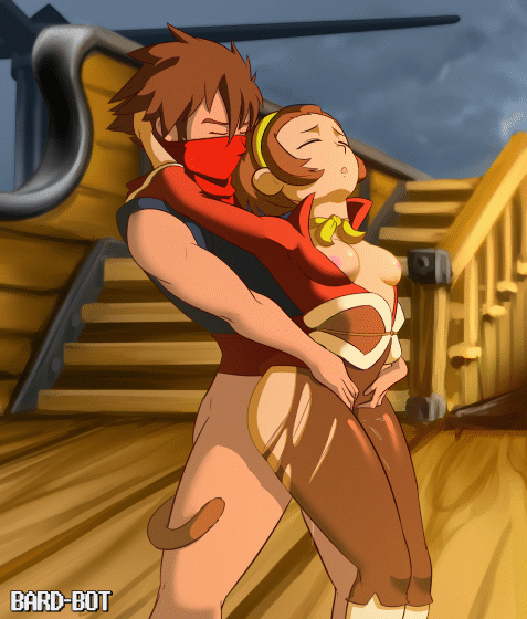 1girl airship arms_around_waist artist_name ass bard-bot bottomless bouncing_breasts breasts breasts_outside brown_hair capcom closed_eyes clothed clothing cloudy_sky crossover digital_media_(artwork) enjoying eyebrows eyelashes from_behind gif hair hairband human interspecies legs looking_pleasured male male/female marvel_vs._capcom marvel_vs._capcom_2 mask monkey_tail nipples outside propeller pussy_juice robe sex sleeveless sonson stairs straight strider_(video_game) strider_hiryuu tail tail_wrap thrusting torn_legwear video_games