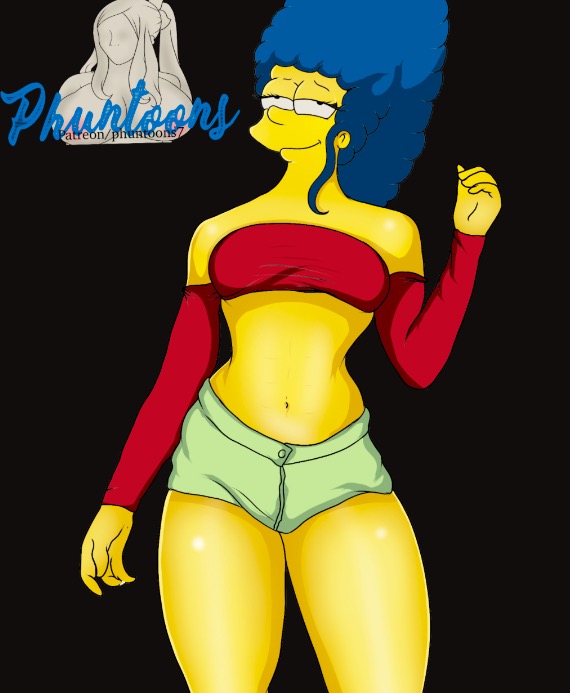 1girl artist_name bare_shoulders blue_hair breasts clothed hips indoors legs long_hair looking_at_viewer marge_simpson milf navel non-nude phuntoons posing presenting revealing_clothes sexy short_shorts shorts sleeves slut standing stomach the_simpsons thick_thighs toned yellow_skin