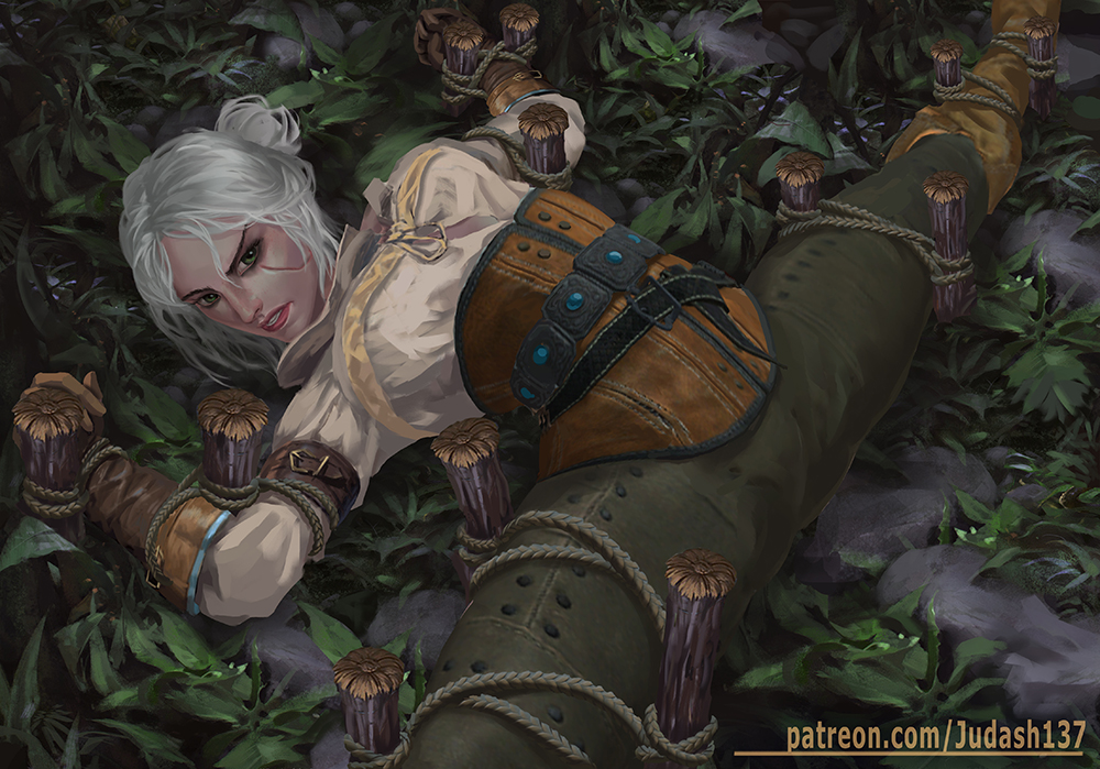 1girl 1girl bdsm big_breasts bondage bound breasts cameltoe ciri femdom freckles gloves green_eyes judash137 legs lips long_hair looking_at_viewer makeup open_mouth outside outstretched_arms pink_skin restrained rope scar shirt short_hair silver_hair slave the_witcher the_witcher_3 thighs toned white_hair wide_hips