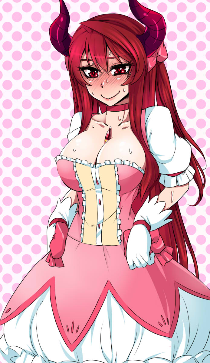 1girl big_breasts blush breasts choker cleavage collarbone cosplay dos_(artist) embarrassed gloves highres horns huge_breasts jewelry kaname_madoka kaname_madoka_(cosplay) long_hair magical_girl mahou_shoujo_madoka_magica maou_(maoyuu) maoyuu_maou_yuusha pendant polka_dot polka_dot_background red_eyes red_hair smile solo sweat white_gloves