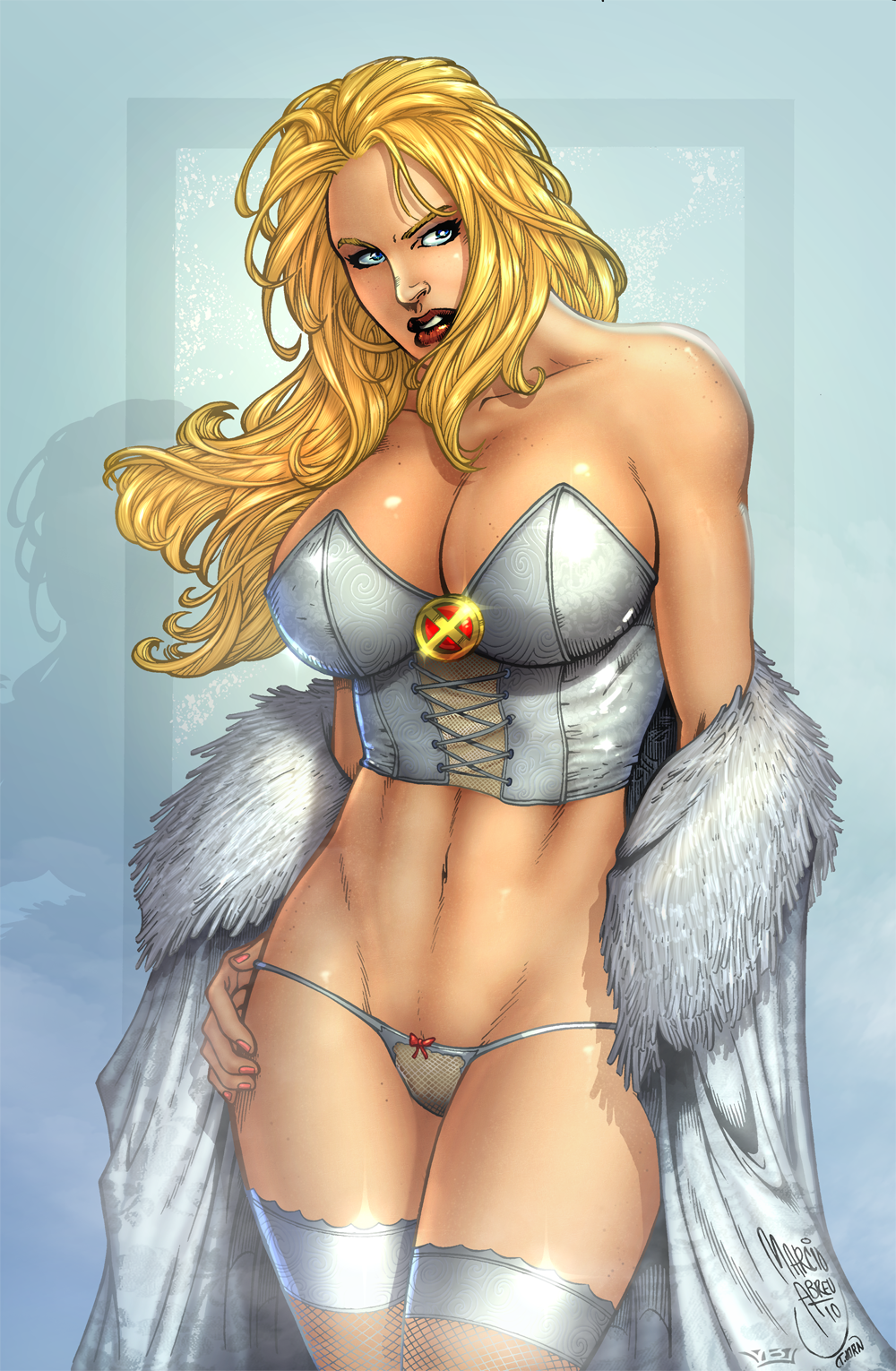 big_breasts blonde blue_eyes breasts corset david_delanty emma_frost hair long_hair marcio_abreu marvel the_inner_circle thong white_queen x-men