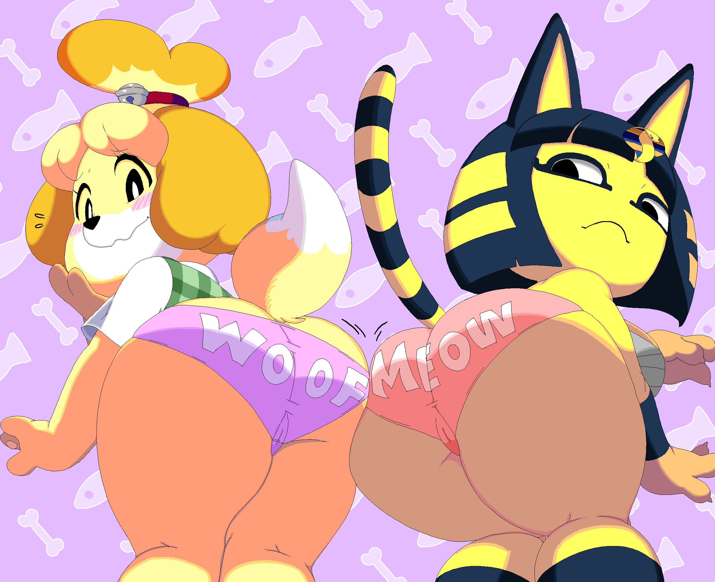 2_girls animal_crossing ankha_(animal_crossing) ass_to_ass big_breasts dream-cassette hoshime isabelle_(animal_crossing) nintendo