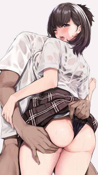 1boy 1girl 1girl ahegao anonymous_male ass big_ass black_hair black_panties blush bottomless_male groping groping_ass hands_on_ass hetero holding interracial male male/female muscular_male one_eye_closed school_uniform simple_background skirt skirt_lift thick_thighs thighs tongue touching touching_body white_background