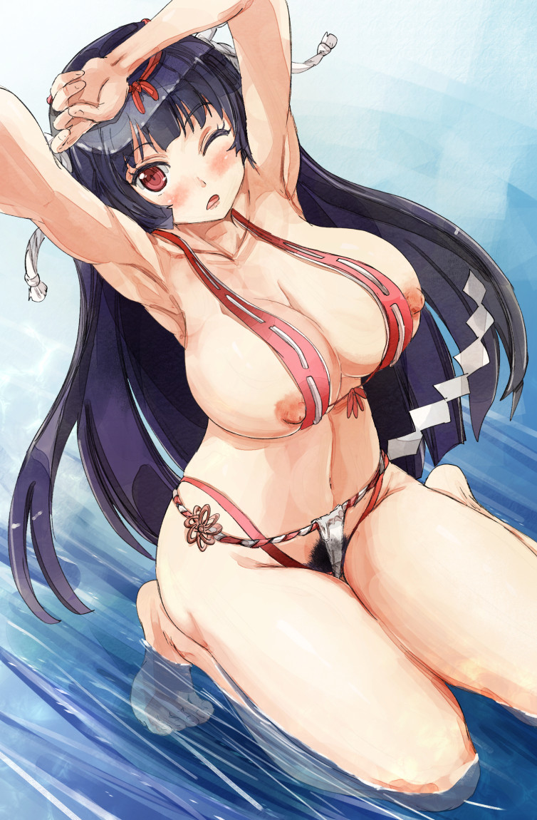 1girl areola arms_up bare_shoulders barefoot black_hair blush breasts feet_in_water fundoshi huge_breasts kneel long_hair looking_at_viewer navel nipples one_eye_closed open_mouth partially_submerged pubic_hair red_eyes soaking_feet thighs water yohane