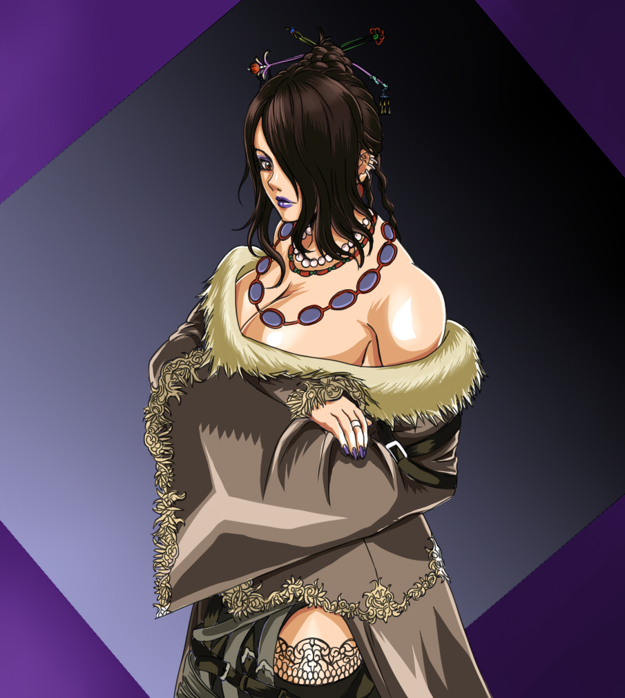 bare_shoulders belt big_breasts black_hair black_legwear black_thighhighs breasts cleavage crossed_arms dress earrings eyeshadow female final_fantasy final_fantasy_x hair_bun hair_ornament hair_over_one_eye jewelry large_breasts lipstick lulu makeup nail_polish necklace red_eyes ring seed01010 short_hair solo square_enix stockings thighhighs