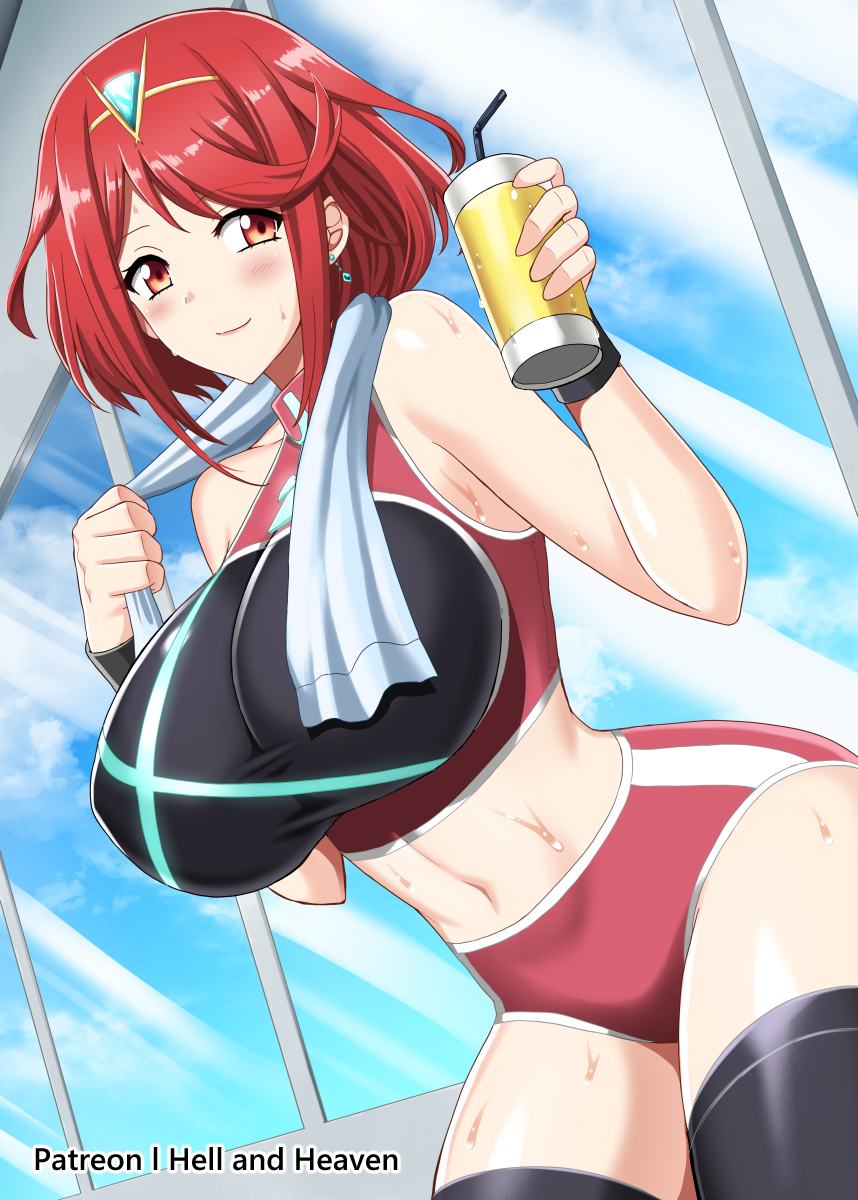 1girl 2022 alluring artist_signature bangs big_breasts booty_shorts breasts hips leaning_forward midriff nintendo patreon_username pyra pyra_(xenoblade) red_eyes red_hair short_hair short_shorts shorts skindentation slim_waist sport_shorts sportswear stockings swept_bangs tank_top thick_thighs thighs vmdahaka wide_hips workout_clothes xenoblade_(series) xenoblade_chronicles_2