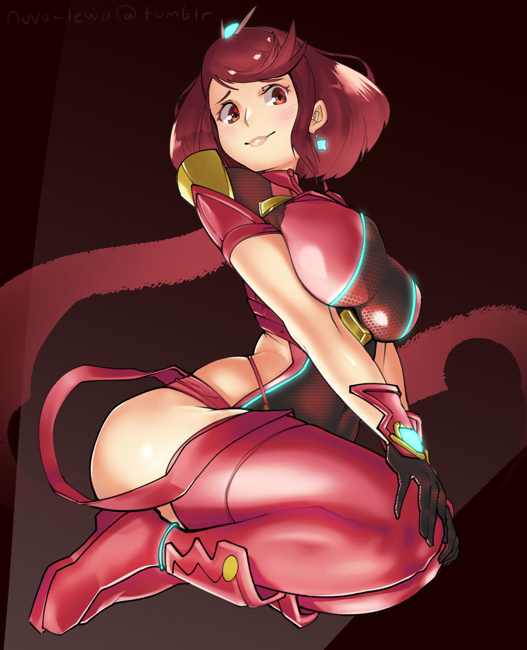 1girl arched_back bangs black_gloves breasts earrings from_below gloves hair_ornament heroine jewelry kneel large_breasts looking_at_viewer looking_down nalluring nintendo pyra red_eyes red_hair red_legwear short_hair short_shorts shorts swept_bangs thigh_high_boots thighs xenoblade xenoblade_(series) xenoblade_chronicles_2