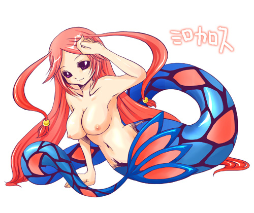 1girl antenna_hair arm_support arm_up armpits art babe bad_id bare_shoulders big_breasts black_eyes breasts cleavage collarbone gijinka inumimi_moeta light_smile looking_at_viewer lowres mermaid milotic monster_girl navel nintendo nipples nude personification pink_hair pokemon purple_eyes red_hair simple_background smile tail topless two_side_up very_long_hair white_background