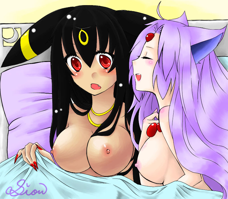 2_girls :d :o after_sex ahoge animal_ears anthro anthrofied arm arms art babe bare_arms bare_shoulders bed bed_sheet big_breasts black_hair blush breasts circlet claws cleavage closed_eyes embarrassed espeon fang female/female female_only forehead_jewel gem hair_between_eyes hand_on_own_chest happy humanization humanized indoors jewelry lavender_hair long_hair looking_down multiple_girls nail_polish neck neck_ring necklace nintendo nipples nude open_mouth pillow pokemon pokemon_(game) red_eyes red_nails round_teeth ruby_(stone) shy sideboob siou smile tail teeth umbreon under_covers upper_body very_long_hair yuri