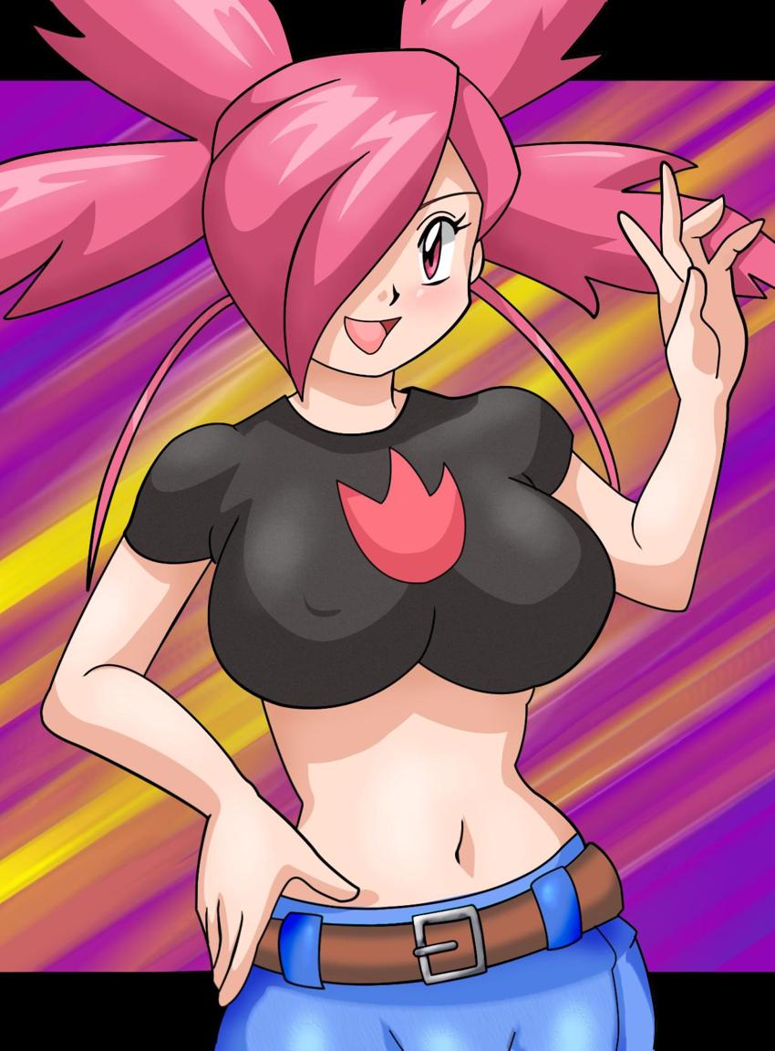 1girl :d alluring art artist_request asuna_(pokemon) babe belt big_breasts black_shirt blush breasts cleavage crop_top denim flannery gym_leader hair_over_one_eye hand_on_hip jeans jpeg_artifacts long_hair looking_at_viewer midriff navel neck nintendo open_mouth pants pokemon pokemon_(anime) pokemon_(game) pokemon_rse ponytail red_eyes red_hair shirt short_sleeves smile t-shirt waving