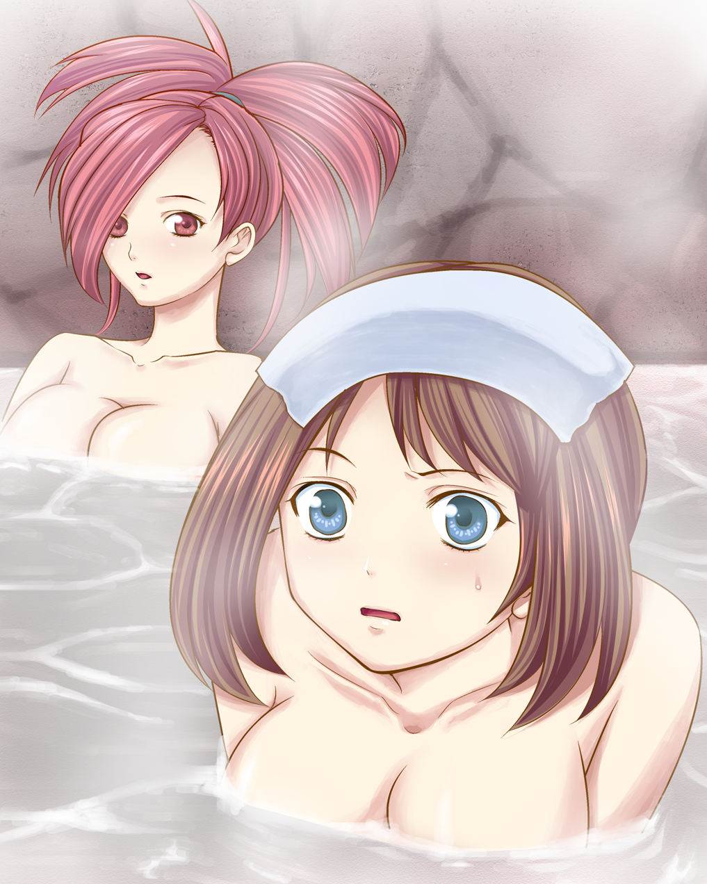 2_girls :o aikawa5 alluring art asuna_(pokemon) babe bandanna bare_shoulders bath bathing big_breasts blue_eyes blush breasts brown_hair cleavage collarbone creatures_(company) female_only flannery_(pokemon) game_freak gym_leader haruka_(pokemon) highres hot_spring humans_of_pokemon looking_at_another looking_at_viewer may_(pokemon) multiple_girls neck nintendo nude onsen open_mouth pokemon pokemon_(anime) pokemon_(game) pokemon_black_2_&amp;_white_2 pokemon_bw2 pokemon_diamond_pearl_&amp;_platinum pokemon_dppt pokemon_rse pokemon_ruby_sapphire_&amp;_emerald ponytail red_eye red_eyes red_hair redhead sapphire short_hair split_tail steam submerged surprised sweat sweatdrop towel towel_on_head upper_body water