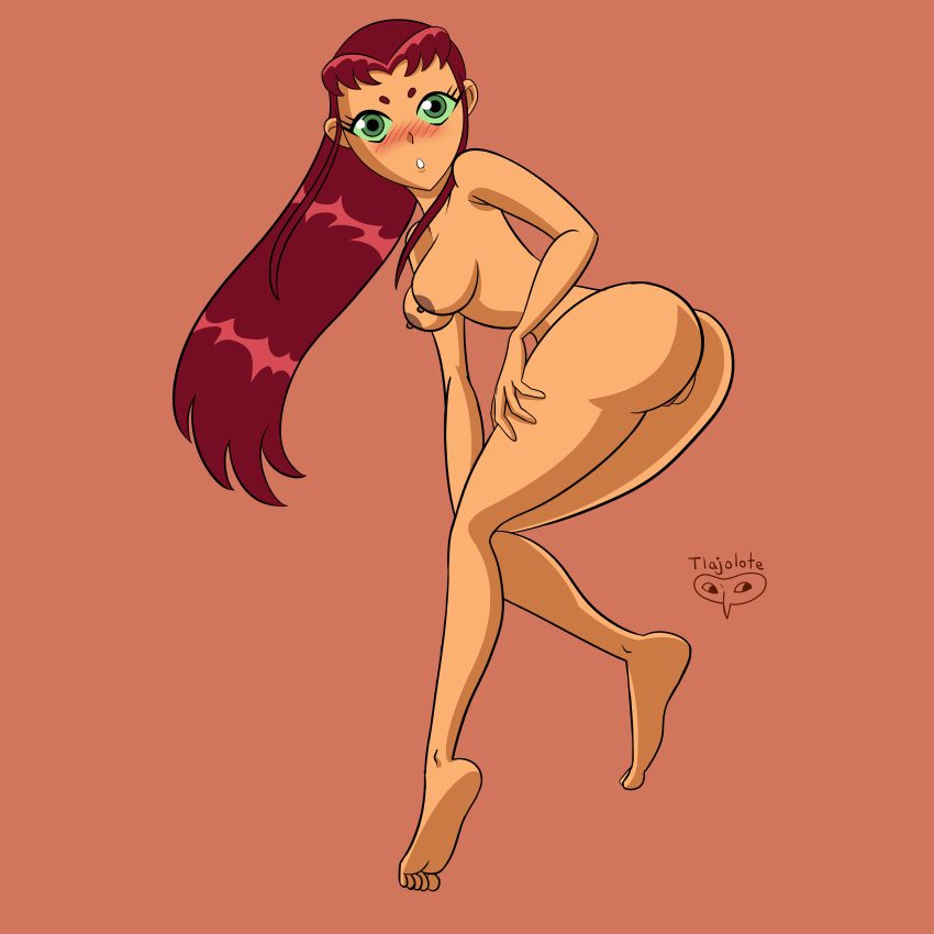 1girl ass breasts dat_ass dc_comics green_eyes koriand'r nipples nude orange_skin pussy red_hair starfire teen_titans tlajolote_(artist)