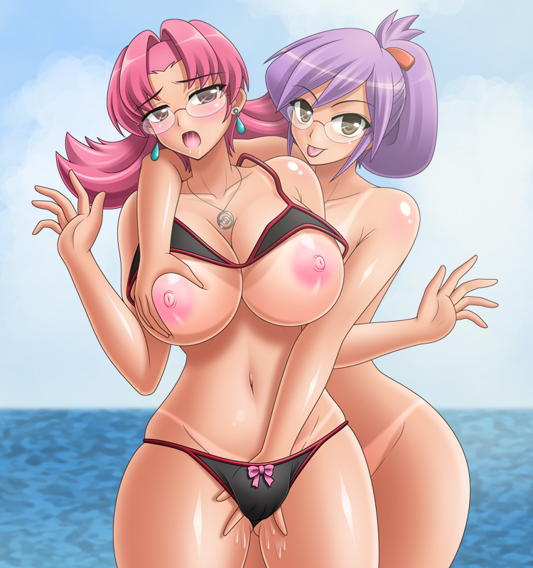 2_girls 2girls :p bare_shoulders beach belly bra bra_lift breast_grab breast_squeeze breasts breasts_out breasts_outside breath brown_eyes character_request earrings female female_only fingering glasses grabbing hair hair_up hand_in_panties hitomi_(pokemon) huge_breasts jewelry kei_(milky_well) kurumi_(pokemon) looking_at_viewer masturbation midriff moaning mound_of_venus multiple_girls navel necklace nipples nude ocean open_mouth panties pink_hair pokemon purple_hair pussy_juice red_eyes red_hair saliva sea short_hair tan tan_line tongue tongue_out underwear yuri
