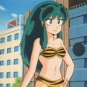 80s animated animated_gif anime assisted_exposure bikini bikini_top_removed bikini_top_stolen breasts cap gif green_hair horns lowres lum lum_invader nipples screencap solo swimsuit tiger_print urusei_yatsura