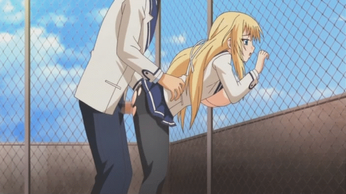 1girl against_fence animated animated_gif bent_over blonde_hair blue_eyes bouncing_breasts breasts censored doggystyle ermalit_de_blanchefort fence from_behind gif long_hair love_2_quad pantyhose penis poro rooftop school_uniform sex torn_clothes torn_pantyhose vaginal