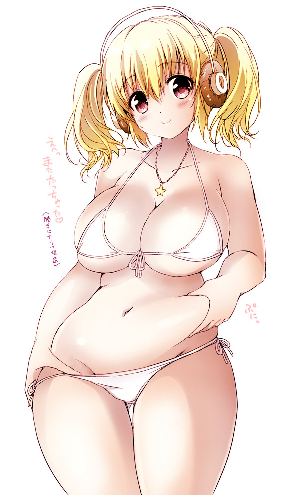 1girl belly_grab big_breasts bikini blonde_hair blush breasts cleavage grabbing headphones jewelry kurimomo large_breasts long_hair love_handles navel necklace nitroplus plump red_eyes short_hair simple_background smile solo star super_pochaco swimsuit translation_request twin_tails twintails white_background