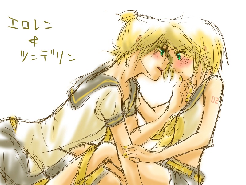 1boy 1girl blonde_hair blush bow brother_and_sister green_eyes incest kagamine_len kagamine_rin necktie open_mouth ribbon short_hair siblings twincest twins vocaloid
