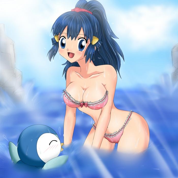 1girl arm arms art artist_request babe bare_legs bare_shoulders beach big_breasts bikini blue_eyes blue_hair blush breasts cleavage closed_eyes cloud collarbone dawn female hair hair_ornament happy hikari_(pokemon) large_breasts leaning leaning_forward legs long_hair looking_at_viewer midriff neck nintendo open_mouth pink_bikini pink_swimsuit piplup pokemon pokemon_(anime) pokemon_(game) pokemon_dppt ponytail ribbon rock scrunchie sky smile standing stone strapless strapless_bikini strapless_swimsuit sunlight swimsuit tubetop water wet