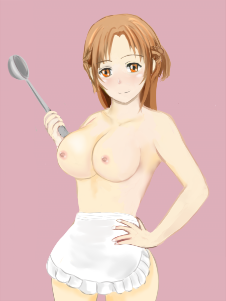 1girl apron asuna_(sao) blush breasts brown_hair ladle long_hair naked_apron nipples pink_background revic12d smile solo sword_art_online topless