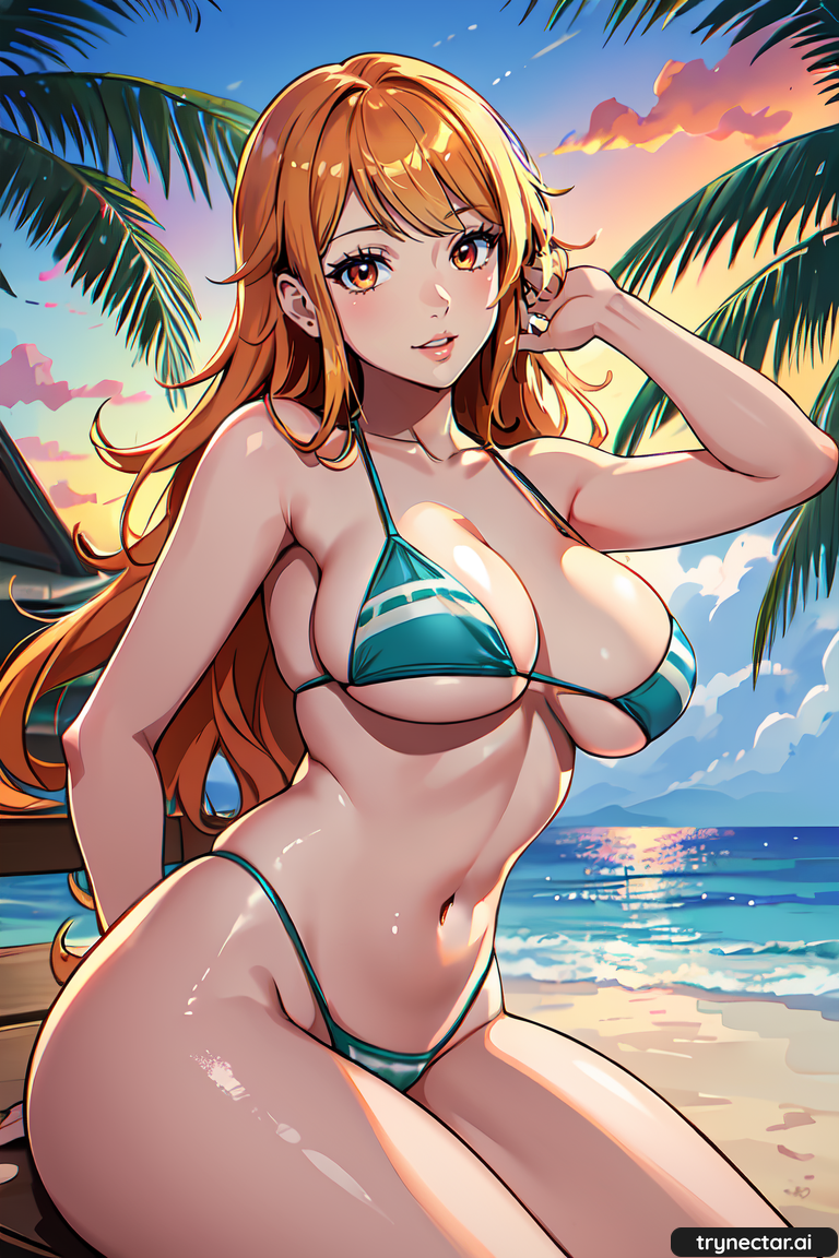 1girl ai_generated aiwaifu anime beach bikini female_only nami ocean one_piece outside palm_tree red_hair trynectar.ai