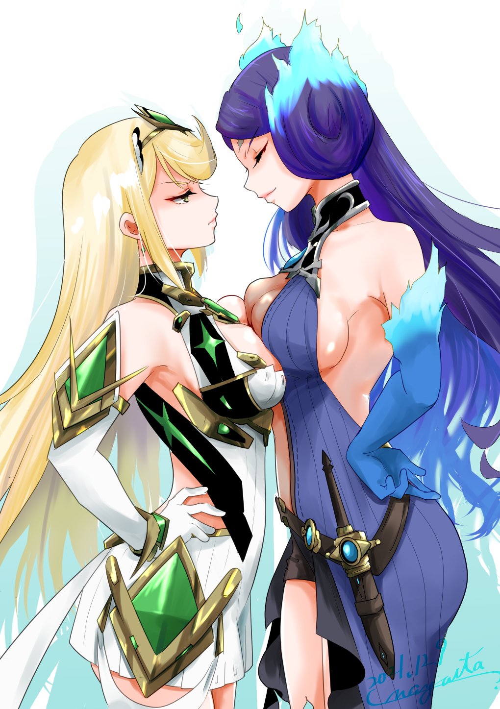 2_girls alluring ass bare_shoulders big_breasts blonde_hair blue_dress blue_gloves breast_press breast_to_breast breasts brighid bubble_butt cleavage cleavage_cutout competitive core_crystal curvy dress elbow_gloves female_only fiery_hair gloves hands_on_hips high_res large_ass long_hair monolith_soft mythra nayuta-kanata nintendo purple_hair sideboob slim_waist stockings thick thick_thighs thighs very_long_hair voluptuous white_dress white_gloves wide_hips xenoblade_(series) xenoblade_chronicles_2 yellow_eyes yuri