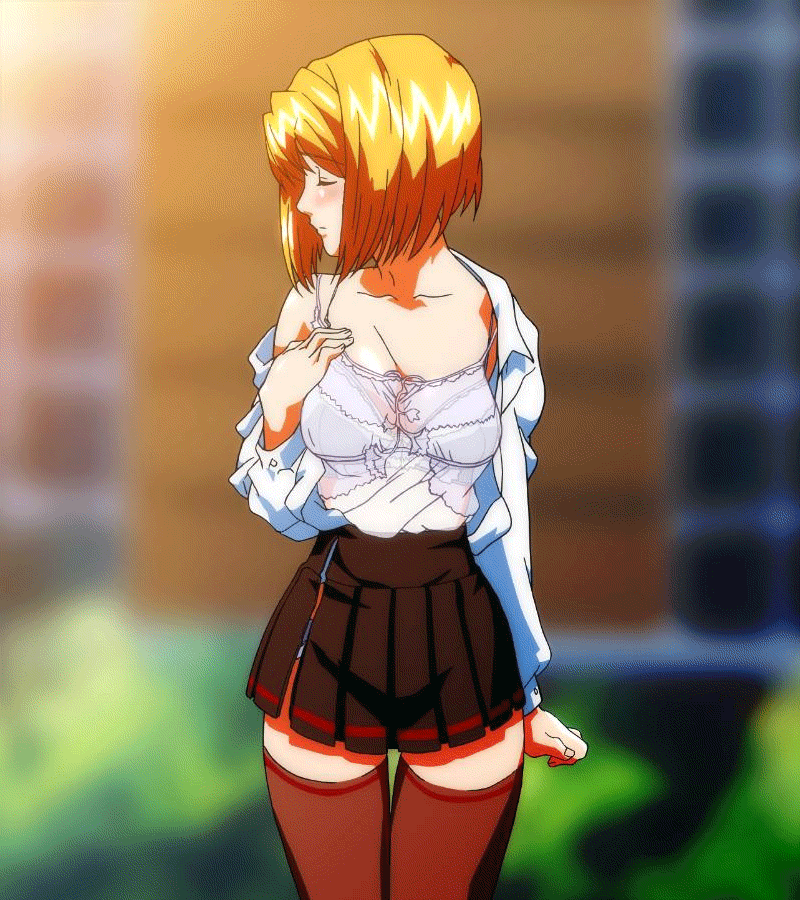 1girl animated animated_gif anime blonde_hair blush bra erogos gif love_fetish maki_daikichi orito_miku outdoors panties sai_tamako short_hair thighhighs unbuttoned underwear undressing