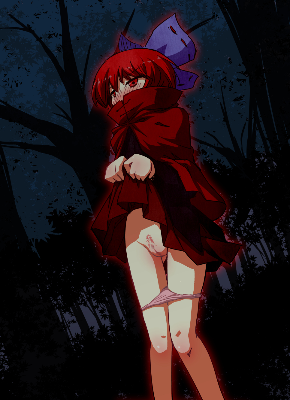 1girl blush bow cape censored covered_mouth dress dress_lift exhibitionism female flashing forest futatsuki_hisame hair_bow high_res highres long_sleeves nature night nukekubi outdoors outside panties panty_pull pink_panties pubic_hair public_nudity pussy red_eyes red_hair sekibanki short_hair solo touhou underwear