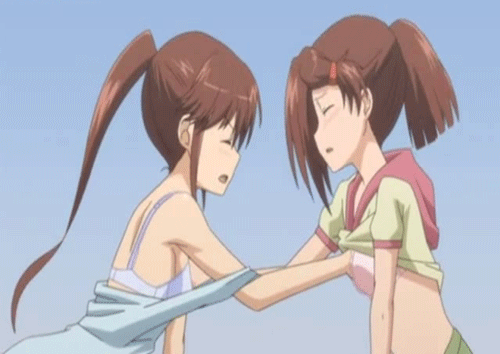 2girls animated animated_gif anime blush bra breast_grab closed_eyes female gif grabbing hair_ornament hairclip incest kissxsis lowres moaning multiple_girls off_shoulder open_mouth ponytail shirt_lift siblings sisters suminoe_ako suminoe_riko twincest twins underwear yuri