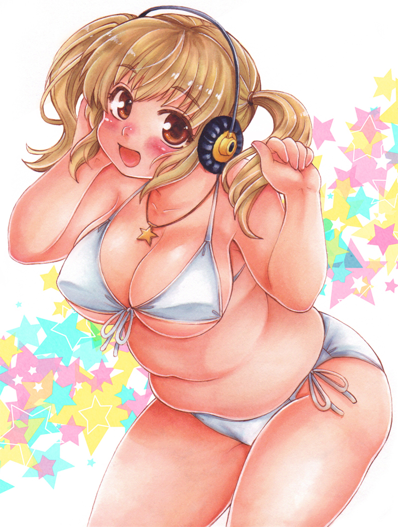 1girl big_breasts bikini blonde_hair breasts brown_eyes headphones jewelry kunseitamago large_breasts long_hair necklace nitroplus plump solo star super_pochaco swimsuit twin_tails twintails