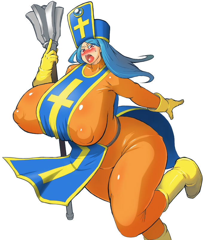 1girl apron blue_hair blush bodysuit boots breasts chunsoft curvy dragon_quest dragon_quest_iii enix female female_priest_(dq3) hat huge_breasts legs leotard long_hair mace mitre nipples open_mouth priest_(dq3) puffy_nipples red_eyes running sasaki_tatsuya simple_background small_head solo souryo_(dq3) thick_thighs thighs weapon white_background