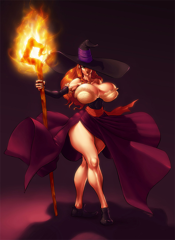 1girl ass breasts clothing crown curvaceous dragon's_crown female full_body hat headwear high_resolution highres huge_breasts legs orange_hair sorceress sorceress_(dragon's_crown) staff sterna vanillaware witch witch_hat