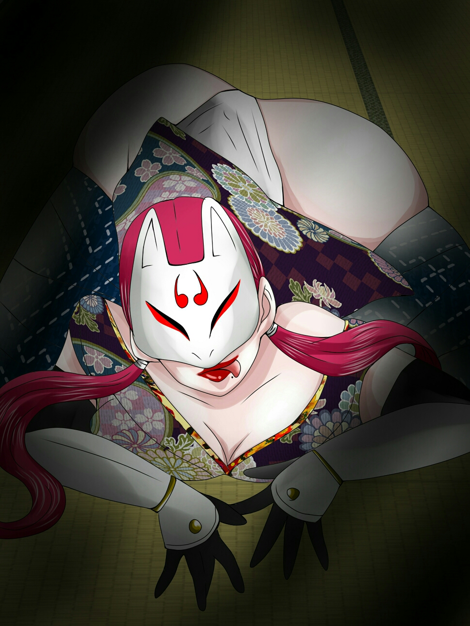 alluring ass big_breasts cleavage kitsune_mask kunimitsu kunoichi mackerelmiso milf namco on_knees panties red_hair tekken tekken_2