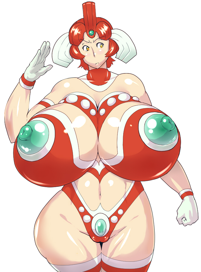 1girl bare_shoulders bodysuit breasts curvy female gigantic_breasts gloves hair_ornament hips milf mother_of_ultra mound_of_venus nipples puffy_nipples red_hair sasaki_tatsuya see-through short_hair simple_background solo standing stockings thighhighs ultraman white_background wide_hips yellow_eyes