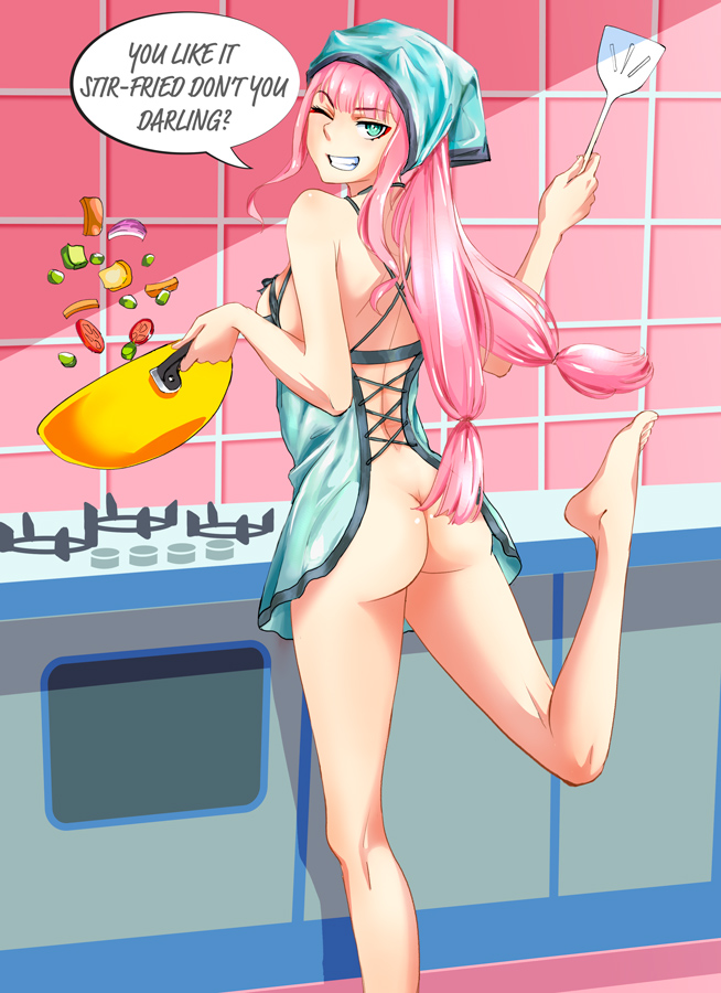 1girl apron ass barefoot bubble_butt butt_crack cooking darling_in_the_franxx feet horns kitchen leg_lift long_hair mooning naked_apron pink_hair pixiv_id_32757889 presenting_ass tease wink zero_two_(darling_in_the_franxx)