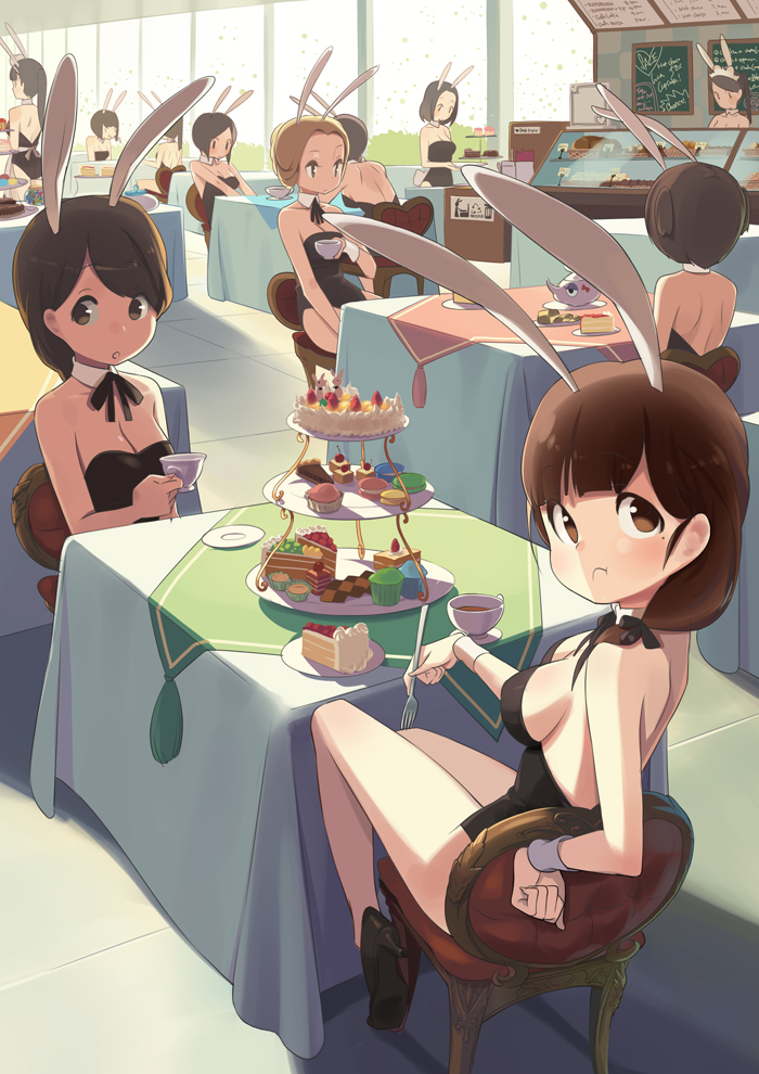 6+girls animal_ears bare_legs black_shoes brown_upholstery bunny_ears bunny_tail bunnysuit cafeteria cake_(food) chair chalkboard checkerboard_cookie cookie cup cupcake dessert detached_collar display_cabinet female food fork from_behind fruit hentai looking_back multiple_girls original ribbon shoes sitting slice_of_cake ssberit strawberry table tablecloth tail teacup teapot tiered_serving_stand wrist_cuffs