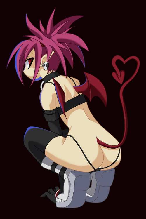 1girl ass backless_panties bat_wings butt_crack demon demon_tail disgaea earrings etna female heart heart_tail jewelry lowleg lowleg_panties panties purple_hair red_eyes simple_background solo squatting tail thighhighs thong ultraspank underwear v-string wings