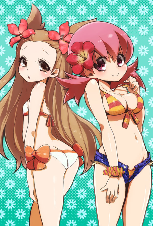 :o akane_(pokemon) aqua_background ass bikini blush bow_bikini breasts brown_eyes brown_hair butt_crack chestnut_mouth chorimokki cleavage cutoffs denim denim_shorts female flat_chest floral_background flower front-tie_bikini front-tie_top groin gym_leader hair_flower hair_ornament halftone halftone_background hand_on_thigh hibiscus light_smile long_hair looking_at_viewer looking_back lowleg lowleg_bikini mikan_(pokemon) mound_of_venus multiple_girls navel open_fly open_mouth orange_bikini pink_eyes pink_hair pokemon purple_eyes red_bikini scrunchie shiny shiny_skin short_hair short_shorts short_twintails shorts sideboob smile standing strap_lift strap_pull striped striped_bikini striped_swimsuit swimsuit swimsuit_under_clothes twintails two_side_up unzipped very_long_hair white_bikini white_swimsuit wrist_scrunchie