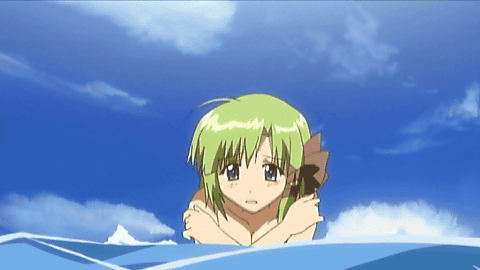 1girl gif blush breasts cloud covering covering_breasts embarrassed green_hair hair_ornament nipples shigure_asa short_hair shuffle! solo topless water