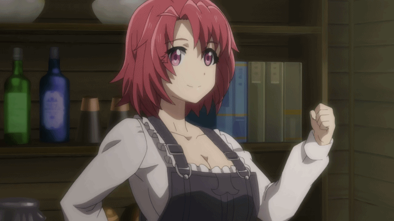 anime big_breasts bouncing_breasts breasts cleavage cow_girl_(goblin_slayer!) gif goblin_slayer! jiggle overalls smile wink
