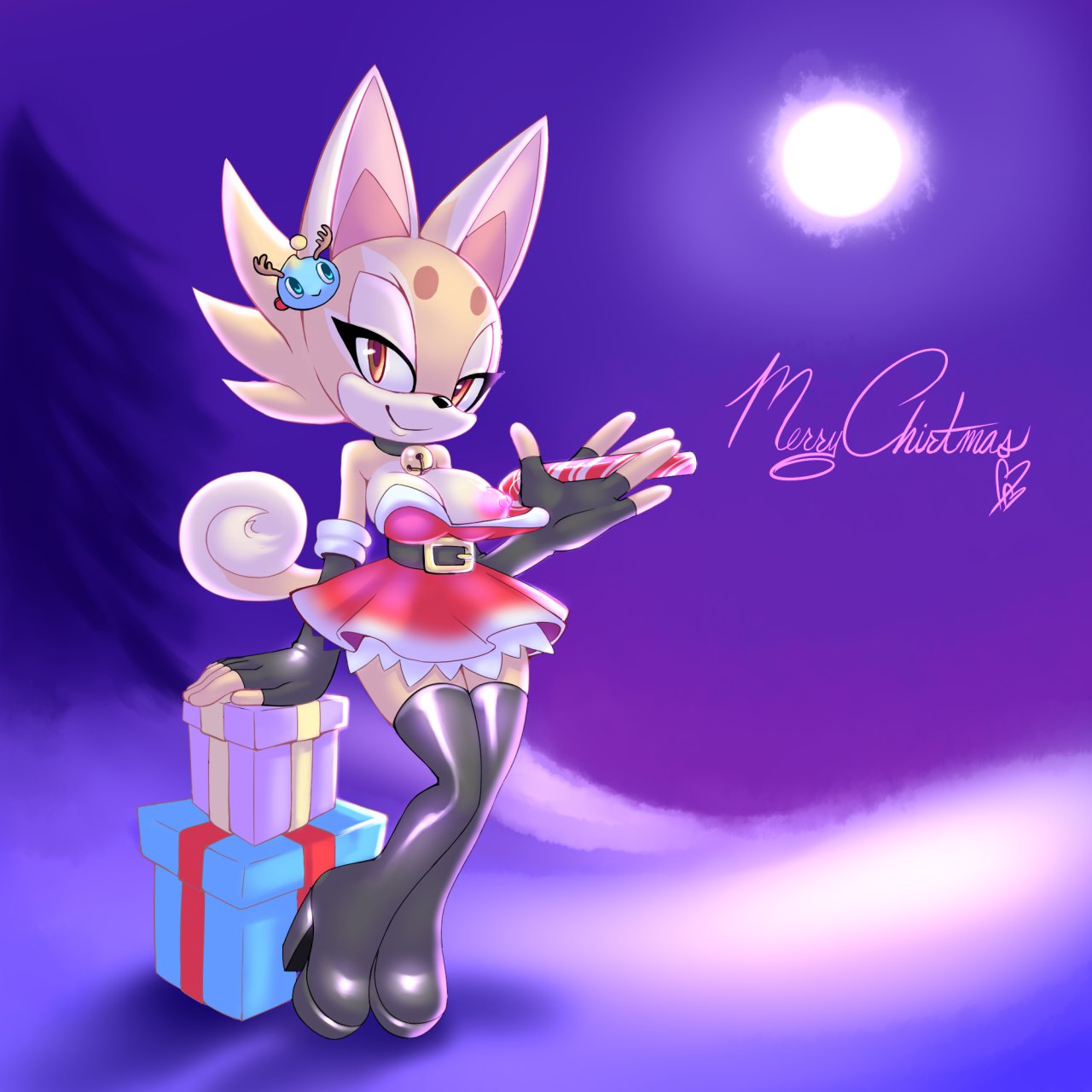 2013 anthro areola big_breasts breasts cashew_(character) chao christmas erect_nipples female flashing full_moon furry gift holidays looking_at_viewer merry_christmas moon night nipples platform_boots sega sif sif_(artist) smile solo sonic_(series)