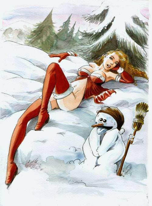 blonde_hair boots christmas funny gloves lipstick long_hair original red_lipstick santa_costume snow snowman