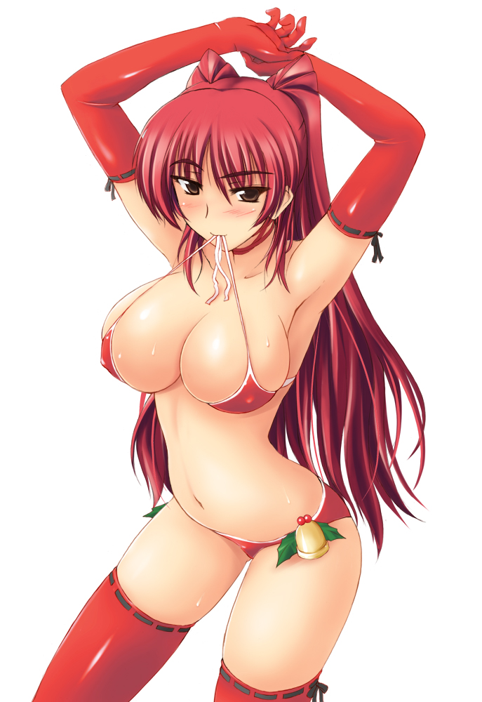 1girl arms_up bell big_breasts bikini bow bra breasts brown_eyes christmas cleavage elbow_gloves gloves holly kousaka_tamaki large_breasts lingerie long_hair mound_of_venus mouth_hold navel popsicle red_gloves red_hair red_legwear ribbon-trimmed_legwear ribbon-trimmed_sleeves ribbon_trim side-tie_bikini skindentation slender_waist solo striped striped_bikini striped_swimsuit sweat swimsuit thighhighs to_heart to_heart_2 undersized_clothes underwear water wet wink zekkyon