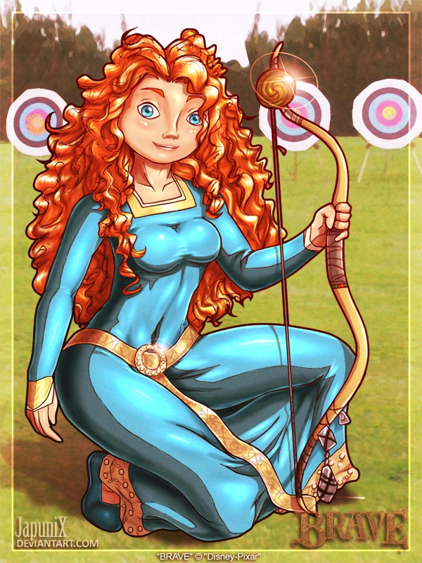 1girl archery blue_eyes bow_(weapon) brave brave_(copyright) clothing female_only japunix long_hair merida outside princess_merida solo_female target