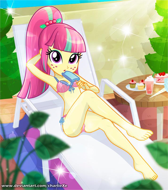 1girl bikini charliexe equestria_girls female female_only freckles friendship_is_magic hand_behind_head ice_cream long_hair looking_at_viewer lying mostly_nude my_little_pony outdoor outside ponytail side-tie_bikini_bottom solo sour_sweet