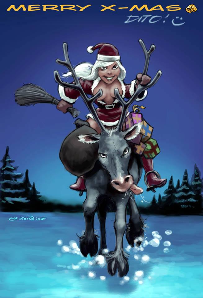 boots christmas gloves long_hair present reindeer santa_boots santa_costume santa_hat snow white_hair woods