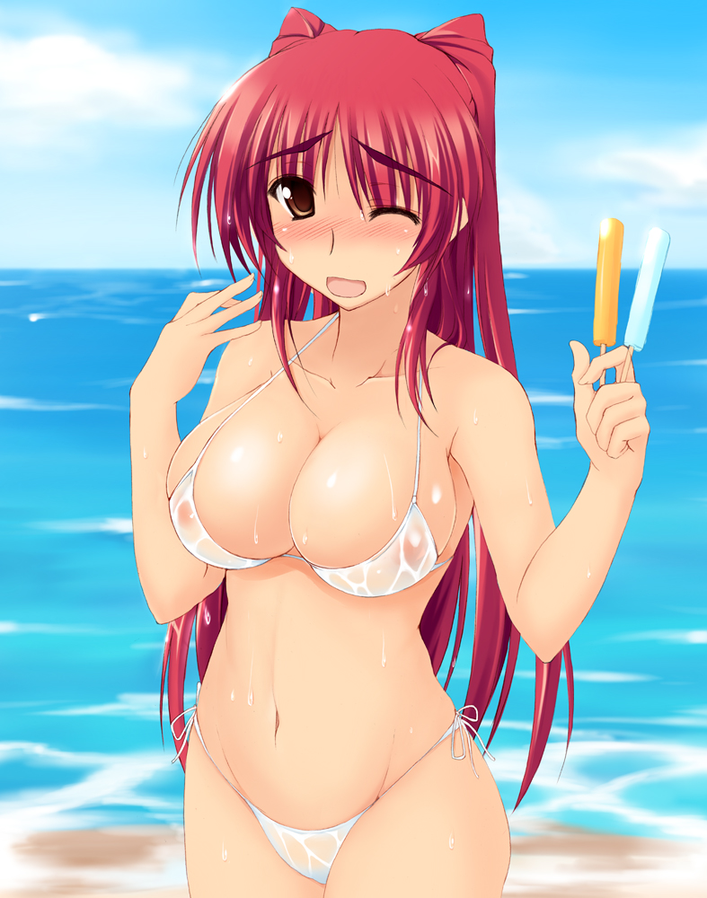 1girl belly big_breasts bikini blush bow breasts brown_eyes cleavage hair kousaka_tamaki large_breasts long_hair midriff mound_of_venus navel one_eye_closed open_mouth popsicle red_hair see-through side-tie_bikini smile solo striped striped_bikini striped_swimsuit swimsuit to_heart to_heart_2 undersized_clothes water wet wink zekkyon