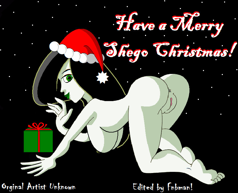 ass black_hair christmas green_eyes green_lipstick hat lipstick long_hair looking_back nude present santa_hat shego