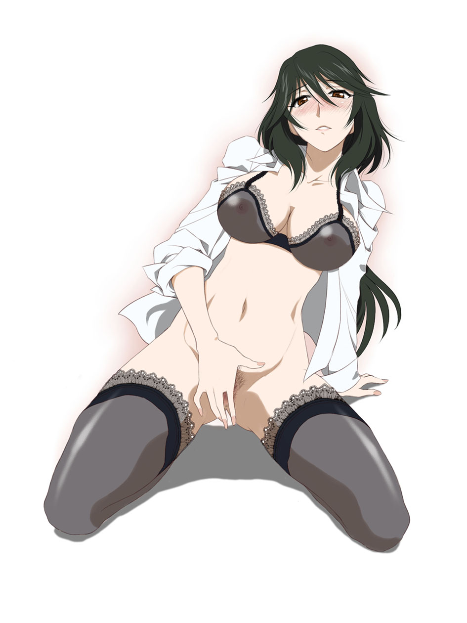 1girl alternate_legwear black_bra black_hair black_legwear black_thighhighs blush bottomless bra breasts brown_eyes covering covering_crotch hands high_res highres infinite_stratos legwear lingerie long_hair navel nipples no_panties open_clothes open_shirt orimura_chifuyu pubic_hair sabachiyo_land see-through shirt simple_background sleeves_rolled_up solo stockings thighhighs uncensored underwear white_background