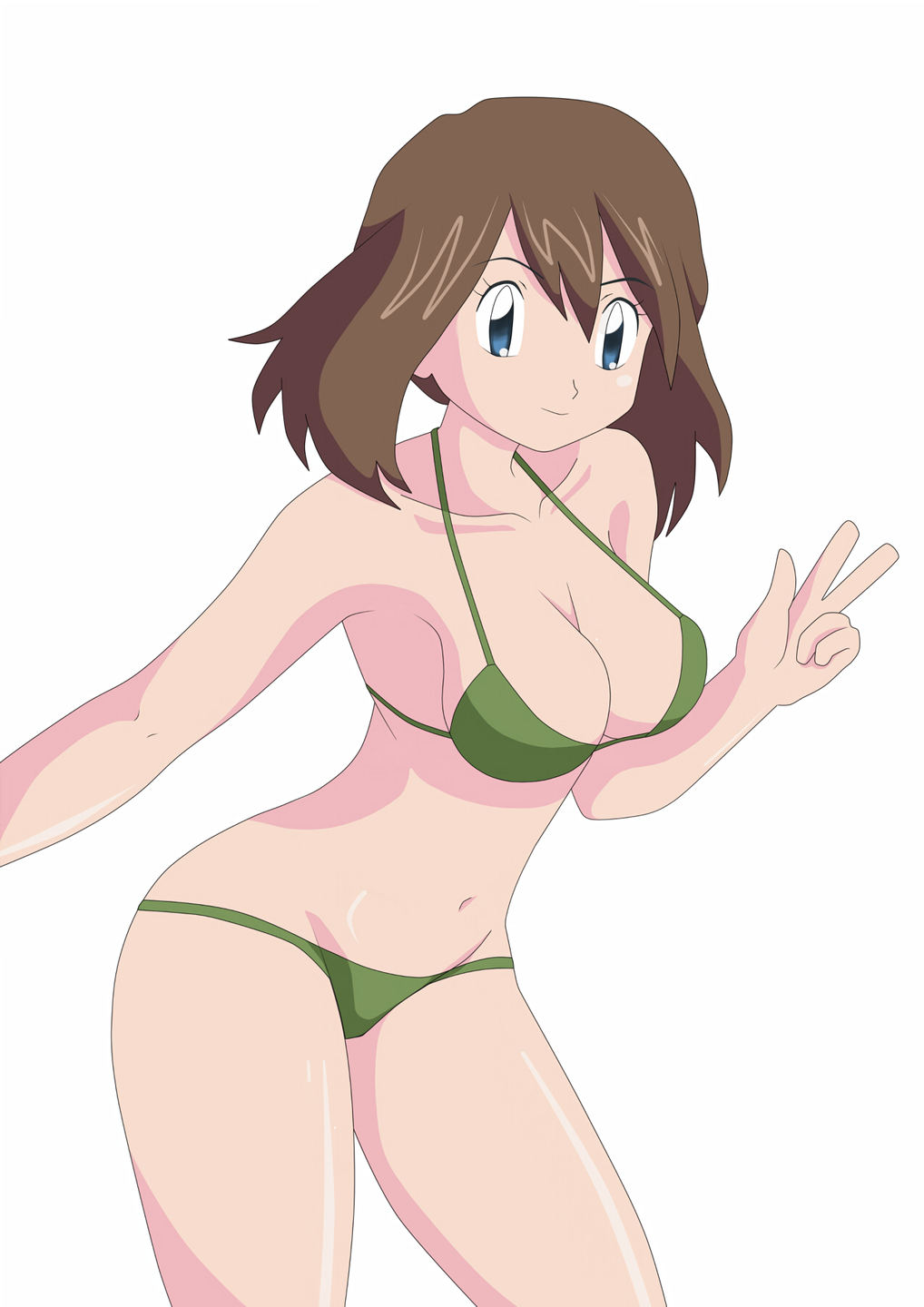 1girl alluring bare_legs bikini blue_eyes brown_hair dfdfdfq green_bikini may may_(pokemon) pokemon pokemon_(anime) pokemon_rse