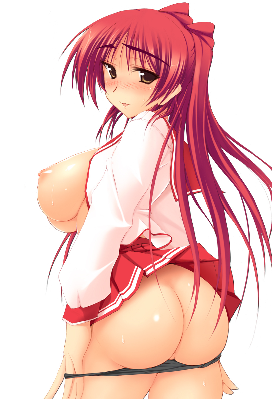 1girl :3 :d arched_back areolae ass big_breasts bikini black_panties blush bow breasts breasts_out breasts_outside brown_eyes cleavage curvy from_behind hair highres kousaka_tamaki large_breasts long_hair looking_at_viewer looking_back lowres miniskirt mound_of_venus navel nipples no_bra nose_blush open_clothes open_mouth open_shirt panties panty_pull pleated_skirt popsicle red_hair school_uniform seductive_smile serafuku shiny shiny_skin shirt side-tie_bikini skirt skirt_lift smile solo standing straight_hair striped striped_bikini striped_swimsuit sweat swimsuit tamaki_kousaka to_heart to_heart_2 twintails undersized_clothes underwear undressing water wet white_background wink zekkyon